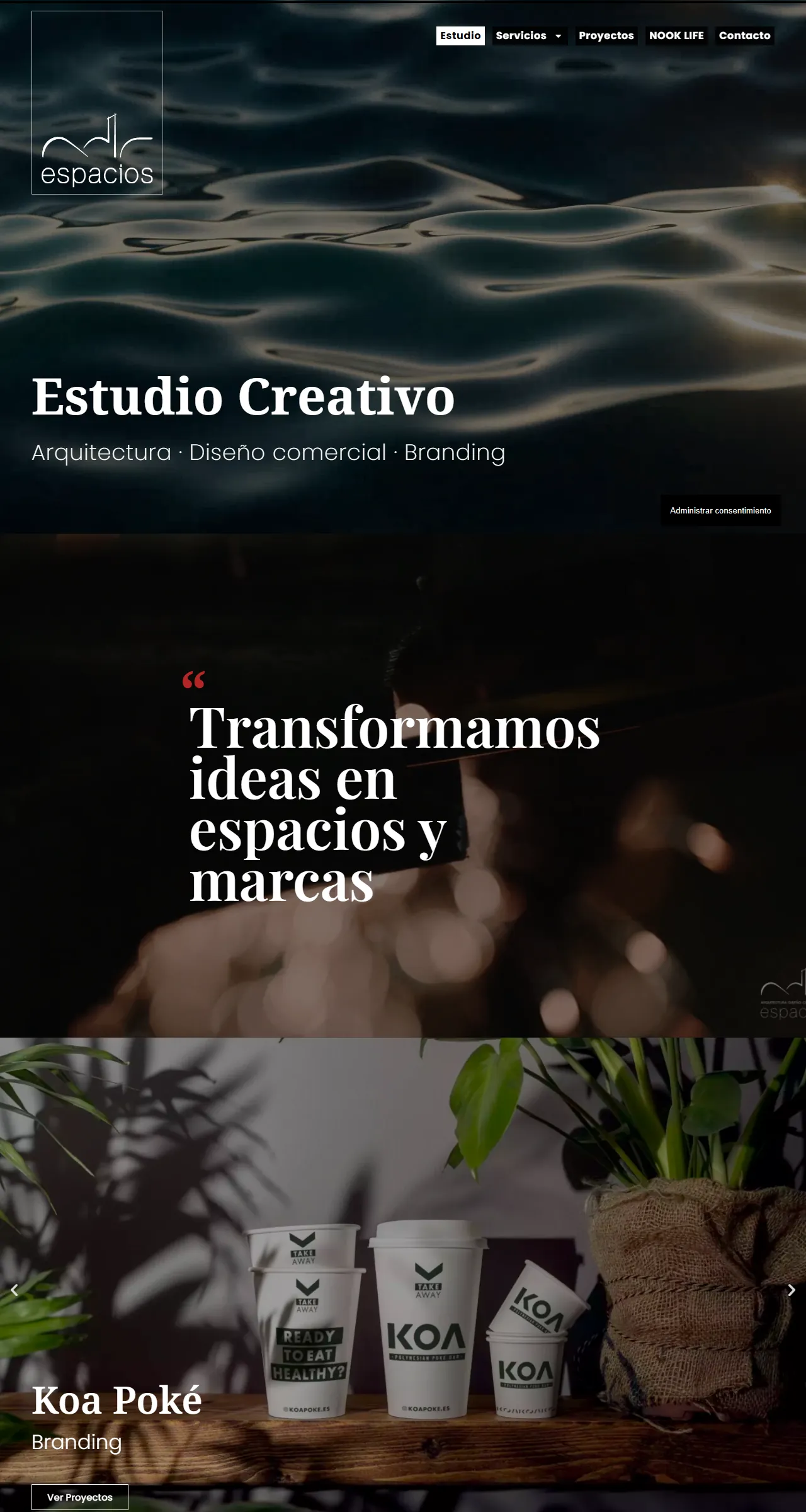 Web de adcespacios.com de arriba abajo: portada con fondo de agua, el lema Transformamos ideas en espacios y marcas y proyectos del estudio
