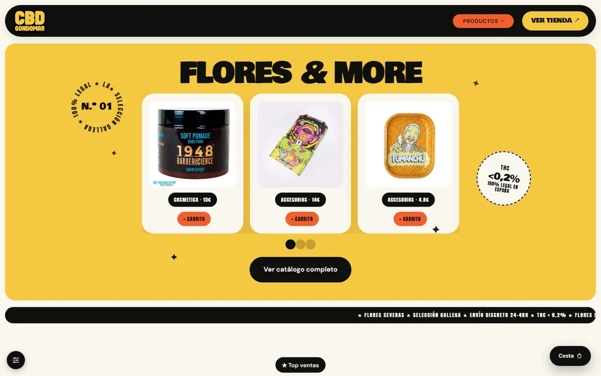 Portada de la tienda online de CBD Gondomar, en amarillo, con productos destacados