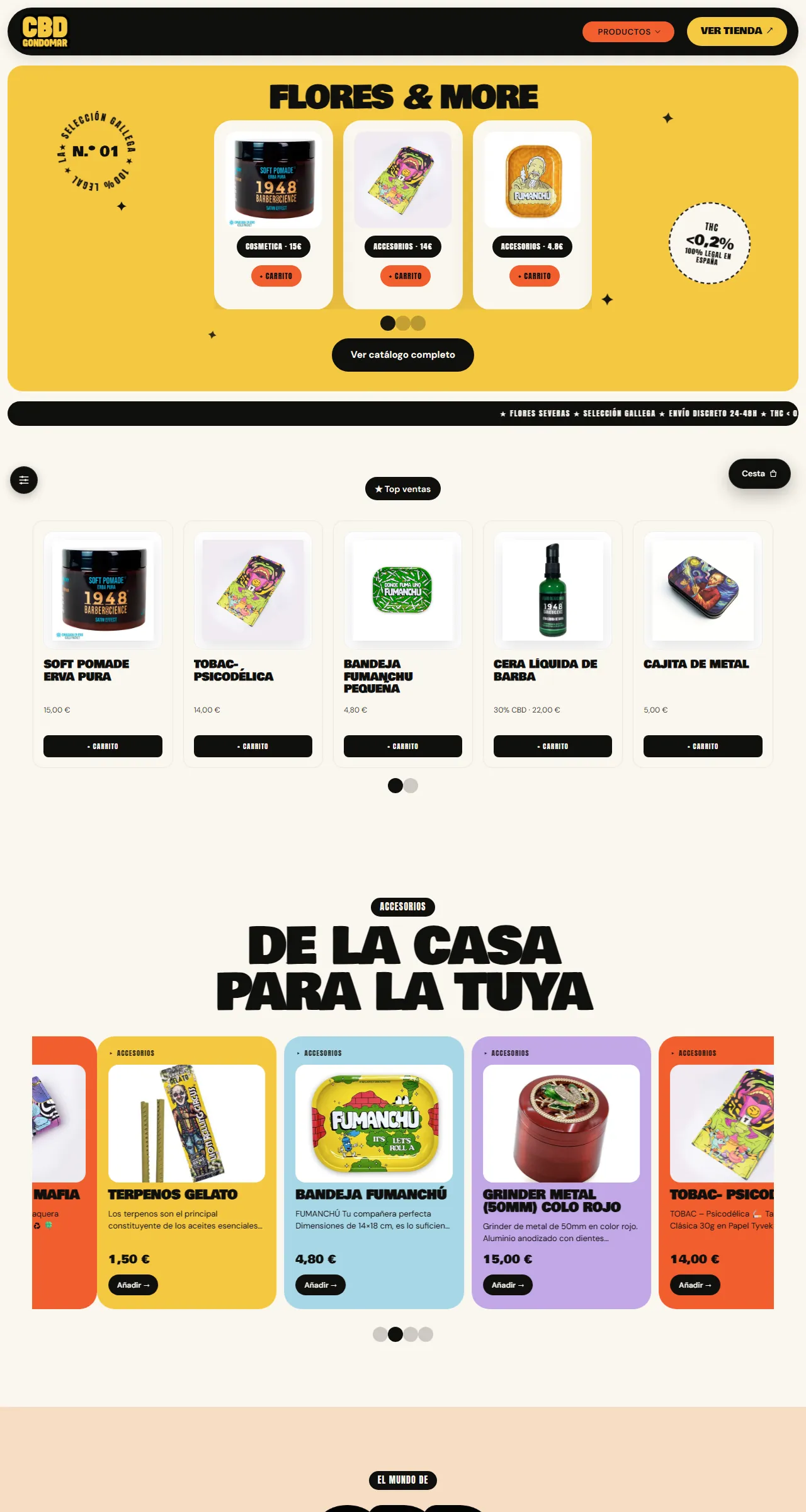 Inicio de la tienda CBD Gondomar de arriba abajo: cabecera amarilla, productos destacados y categorías