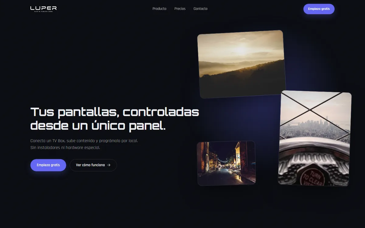 Portada de Luper, en fondo oscuro, con el titular Tus pantallas, controladas desde un único panel y fotos de contenidos en pantalla