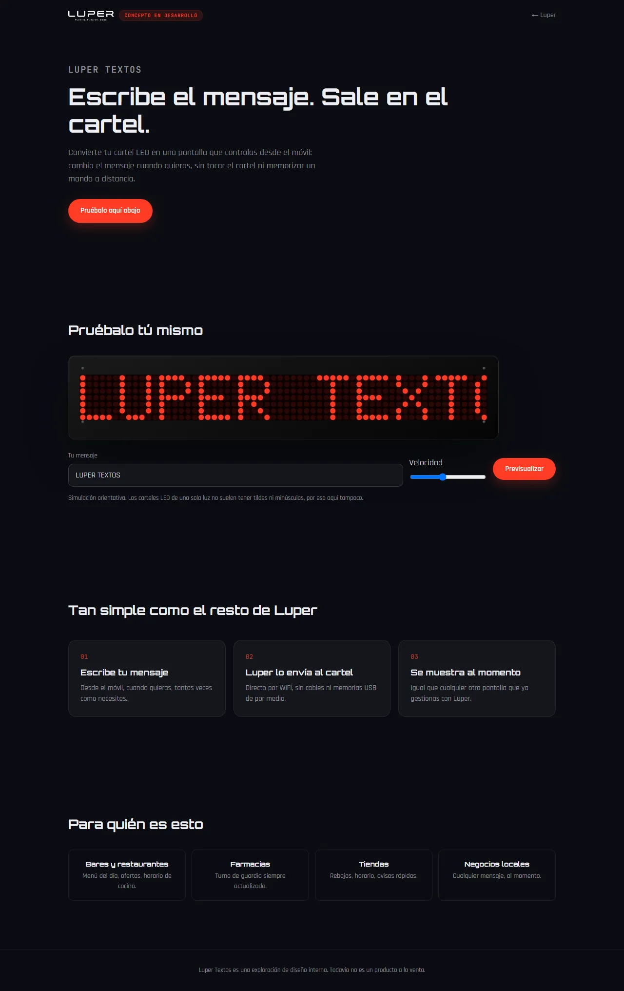Web de Luper Textos: el titular Escribe el mensaje. Sale en el cartel y un cartel LED rojo simulado