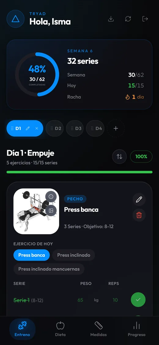 TRYAD en un móvil: progreso de la semana 6, días de la rutina y el ejercicio press banca con sus series