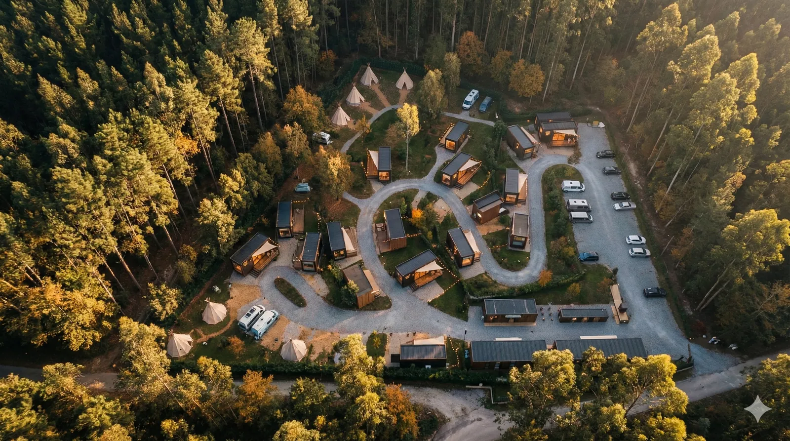 Vista aérea del glamping entre pinos, con las suites repartidas junto a los caminos