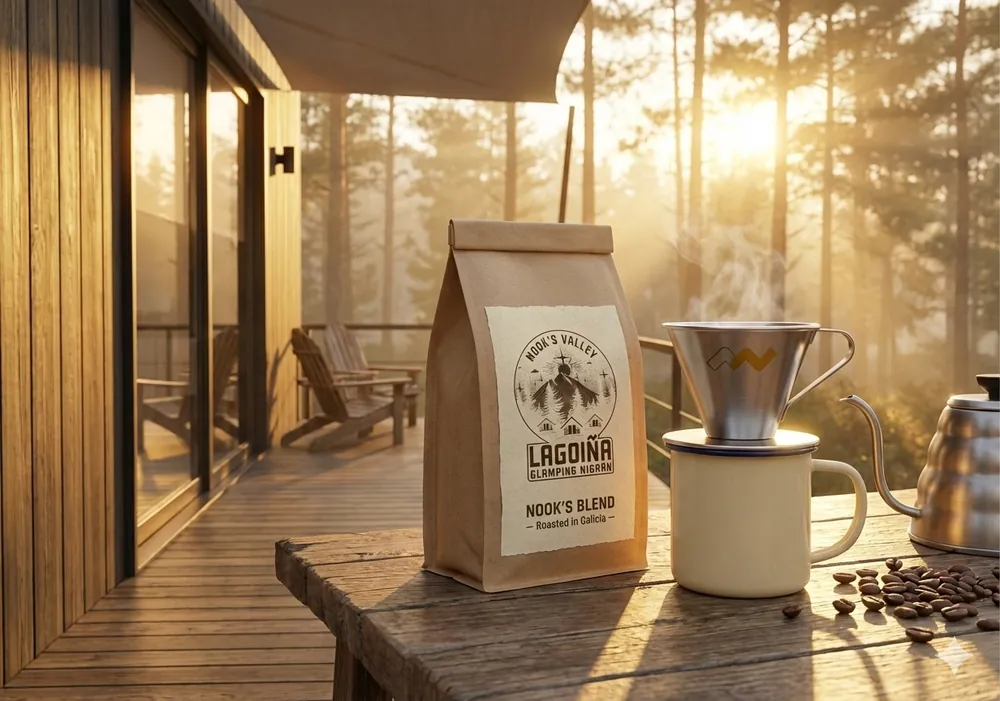 Bolsa de café con la insignia de la marca en la terraza de una suite al amanecer