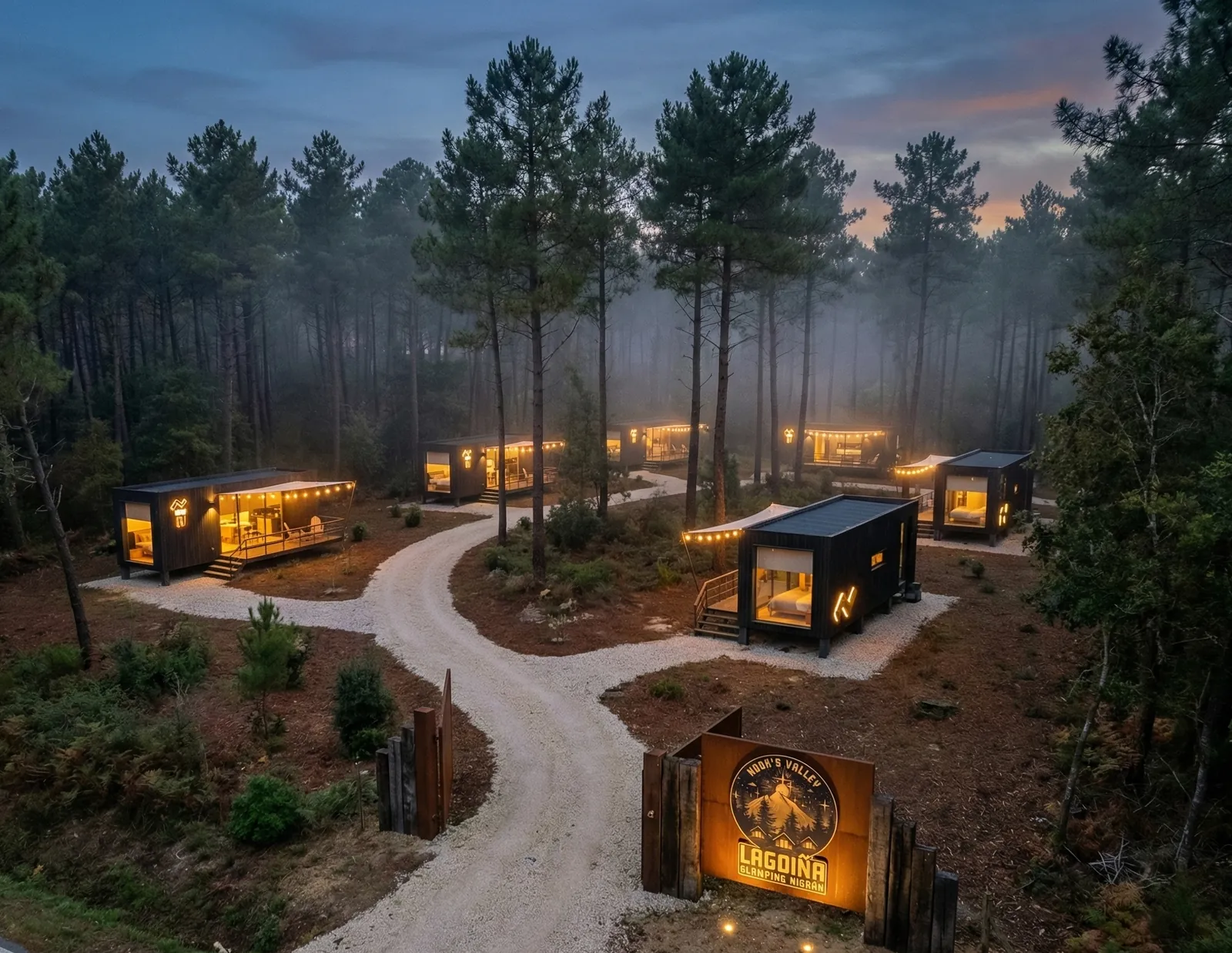 Suites iluminadas de noche en el bosque, con el cartel de la entrada