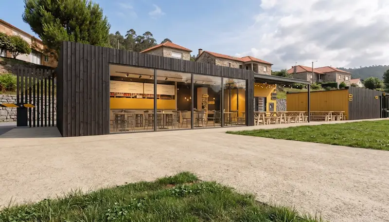 El bar de Lagoiña, con la barra corrida bajo el porche y la terraza delante