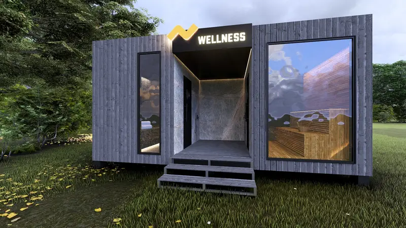 El módulo wellness con el rótulo y el zigzag de la marca sobre la puerta